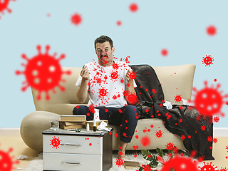 Image showing Caucasian man sneezing, illustration of virus spreading, stop epidemic of coronavirus