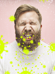 Image showing Caucasian man sneezing, illustration of virus spreading, stop epidemic of coronavirus