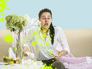 Image showing Caucasian woman sneezing, illustration of virus spreading, stop epidemic of coronavirus