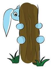 Image showing A cute blue cartoon hare trying to climb up the tree vector colo