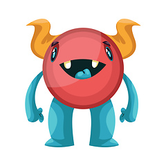 Image showing Cute red  cartoon monster with blue legs and yellow horns white 