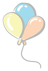Image showing Three blue yellow and peach balloons tied together in a long str