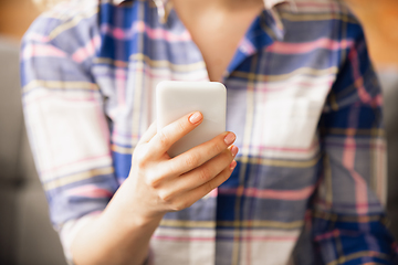 Image showing Close up of caucasian female hands during working in office, studying