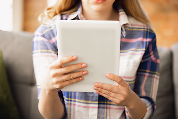 Image showing Close up of caucasian female hands during working in office, studying