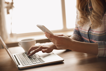 Image showing Close up of caucasian female hands during working in office, studying