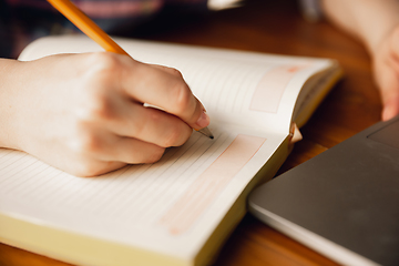 Image showing Close up of caucasian female hands during working in office, studying