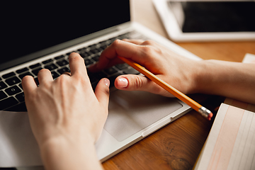 Image showing Close up of caucasian female hands during working in office, studying