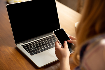 Image showing Close up of caucasian female hands during working in office, studying