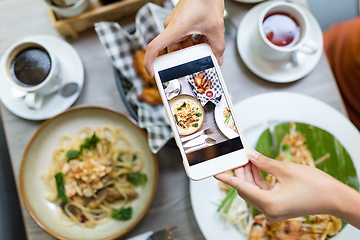 Image showing Cellphone taking photo on food from top view