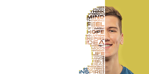 Image showing Portrait of happy and inspired man with lettering hope, idea, solution, mind, flyer with copyspace