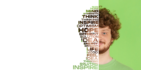 Image showing Portrait of happy and inspired man with lettering hope, idea, solution, mind, flyer with copyspace