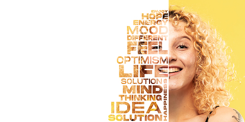 Image showing Portrait of happy and inspired woman with lettering hope, idea, solution, mind, flyer with copyspace