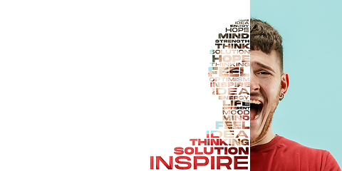 Image showing Portrait of happy and inspired man with lettering hope, idea, solution, mind, flyer with copyspace