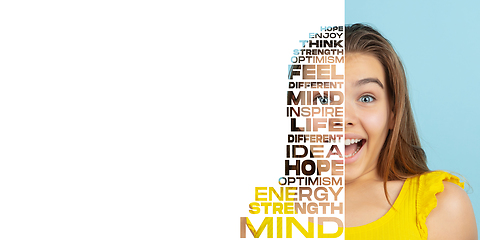 Image showing Portrait of happy and inspired girl with lettering hope, idea, solution, mind, flyer with copyspace