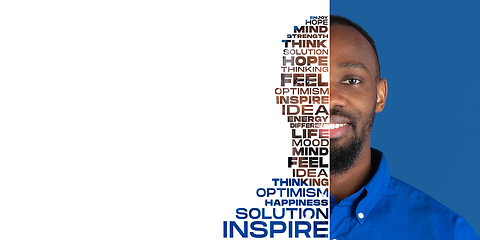 Image showing Portrait of happy and inspired man with lettering hope, idea, solution, mind, flyer with copyspace