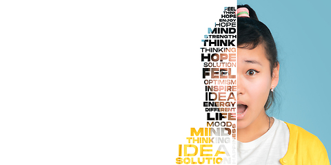 Image showing Portrait of happy and inspired girl with lettering hope, idea, solution, mind, flyer with copyspace