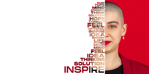 Image showing Portrait of happy and inspired woman with lettering hope, idea, solution, mind, flyer with copyspace