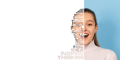 Image showing Portrait of happy and inspired girl with lettering hope, idea, solution, mind, flyer with copyspace