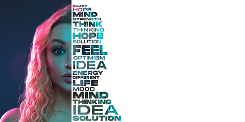 Image showing Portrait of happy and inspired woman with lettering hope, idea, solution, mind, flyer with copyspace