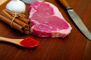 Image showing raw uncooked  ribeye beef steak butcher selection