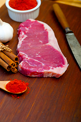 Image showing raw uncooked  ribeye beef steak butcher selection