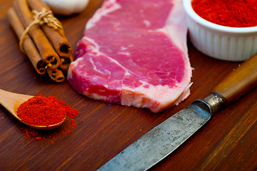 Image showing raw uncooked  ribeye beef steak butcher selection