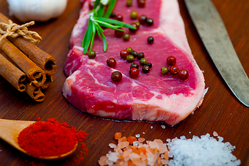 Image showing raw uncooked  ribeye beef steak butcher selection