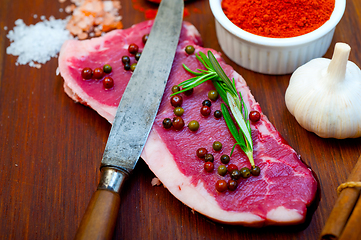 Image showing raw uncooked  ribeye beef steak butcher selection