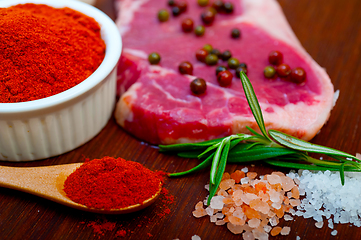 Image showing raw uncooked  ribeye beef steak butcher selection