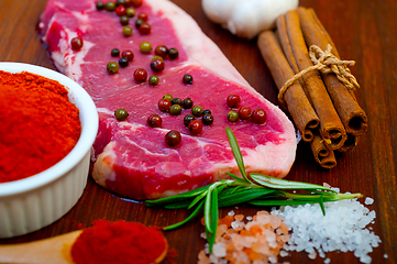 Image showing raw uncooked  ribeye beef steak butcher selection