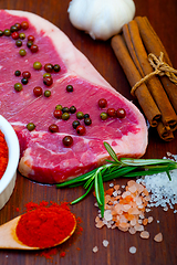 Image showing raw uncooked  ribeye beef steak butcher selection