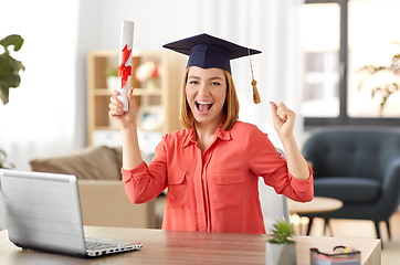 Image showing student woman with laptop and diploma at home