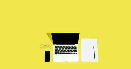 Image showing Gadgets, devices on top view, blank screen with copyspace, minimalistic style, flyer