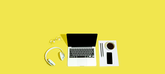 Image showing Gadgets, devices on top view, blank screen with copyspace, minimalistic style, flyer
