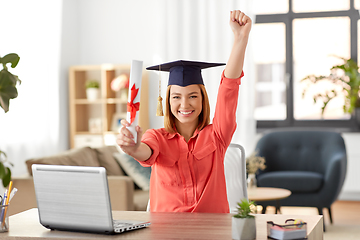 Image showing student woman with laptop and diploma at home