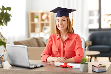 Image showing student woman with laptop and diploma at home