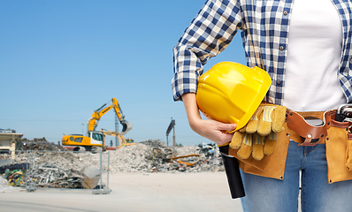 Image showing woman or builder with helmet and working tools