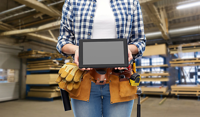 Image showing female worker with tools and tablet pc at factory