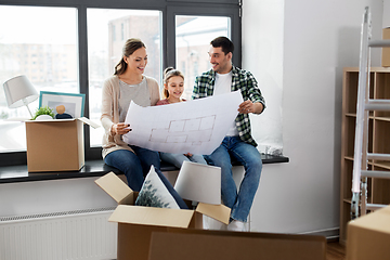 Image showing happy family with blueprint moving to new home