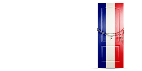 Image showing Door colored in France flag, locking with chain. Countries lockdown during coronavirus, COVID spreading