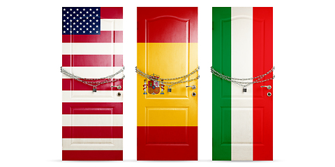 Image showing Door colored in USA, Spain, Italy flags, locking with chain. Countries lockdown during coronavirus, COVID spreading