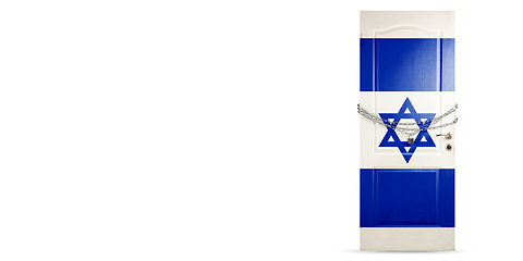 Image showing Door colored in Israel flag, locking with chain. Countries lockdown during coronavirus, COVID spreading