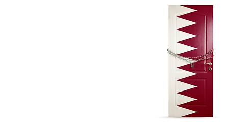 Image showing Door colored in Qatar flag, locking with chain. Countries lockdown during coronavirus, COVID spreading