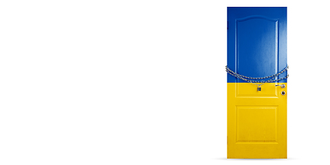 Image showing Door colored in Ukraine flag, locking with chain. Countries lockdown during coronavirus, COVID spreading