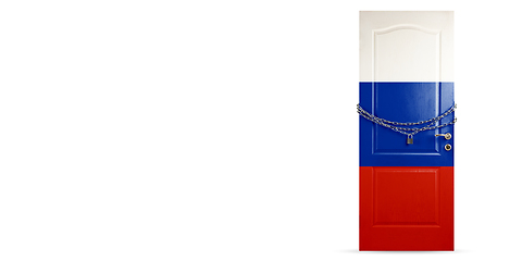 Image showing Door colored in Russia flag, locking with chain. Countries lockdown during coronavirus, COVID spreading