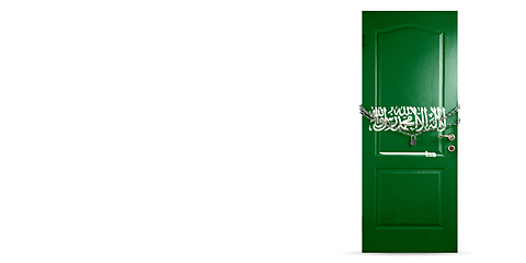 Image showing Door colored in Saudi Arabia flag, locking with chain. Countries lockdown during coronavirus, COVID spreading