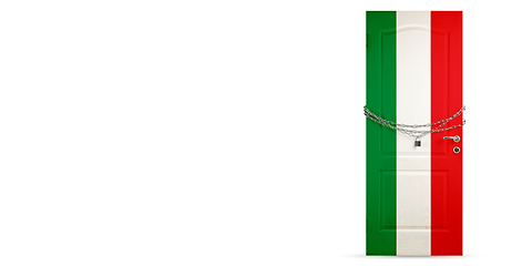 Image showing Door colored in Italy flag, locking with chain. Countries lockdown during coronavirus, COVID spreading