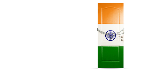 Image showing Door colored in India flag, locking with chain. Countries lockdown during coronavirus, COVID spreading