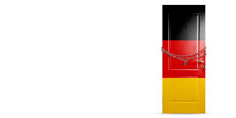 Image showing Door colored in Germany flag, locking with chain. Countries lockdown during coronavirus, COVID spreading