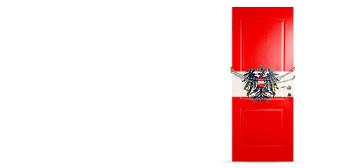 Image showing Door colored in Austria flag, locking with chain. Countries lockdown during coronavirus, COVID spreading